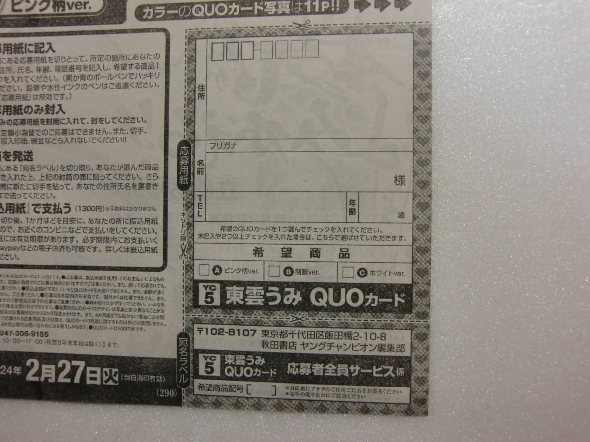 ヤングチャンピオン.2024年.5号.No.5.東雲うみ.QUO.QUOカード.クオカード.応募者全員サービス.応募.応募用紙.1枚.1口分.出品個数9_画像3