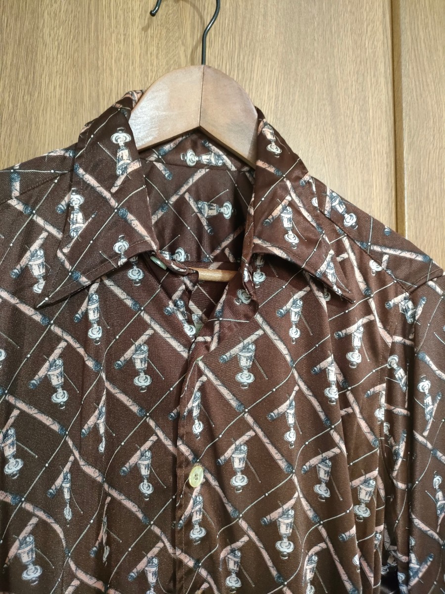 70s ナイロンプリントオープンカラーシャツ 　M ブラウン ビンテージ_画像4