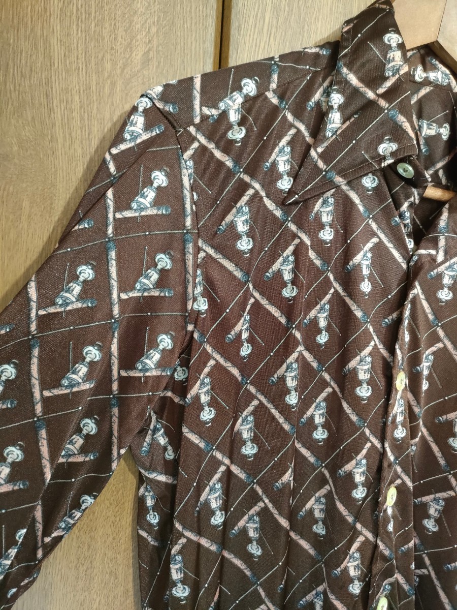 70s ナイロンプリントオープンカラーシャツ 　M ブラウン ビンテージ_画像5