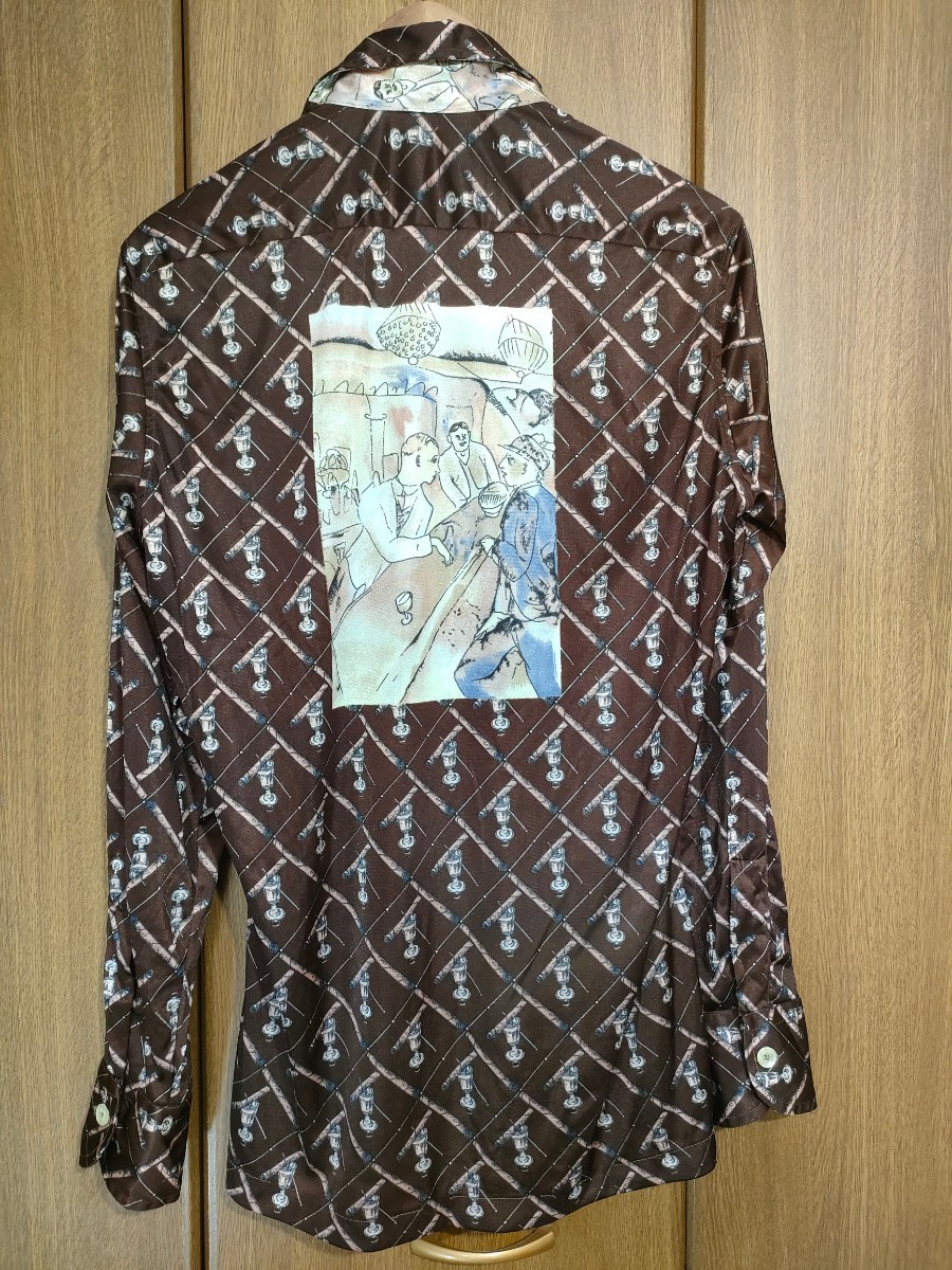 70s ナイロンプリントオープンカラーシャツ 　M ブラウン ビンテージ_画像1