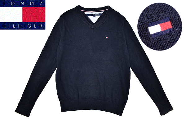 Y-7104★送料無料★美品★TOMMY HILFIGER トミーヒルフィガー★正規品 胸ロゴ刺繍 ネイビー紺 Vネック 薄地 コットン ニット セーター XS_画像1
