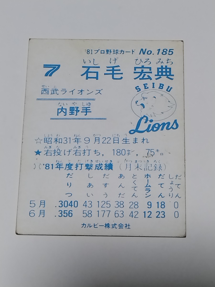 カルビー　野球カード　81年　石毛　宏典　　No.185 　西武ライオンズ_画像2