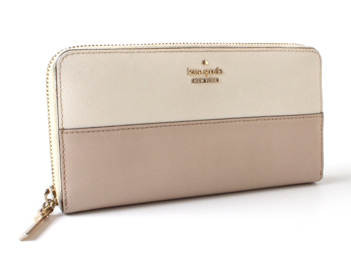 N15565 kate spade new york ケイト・スペード レザー 長財布 ロングウォレット ラウンドファスナー ベージュ×アイボリー 箱付き_画像2