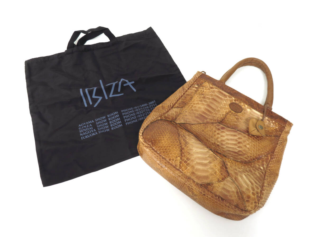 15308 美品 IBIZA イビサ 高級 ヘビ革 パイソン ツギハギ パッチワーク チャームポーチ トートバッグ ハンドバッグ カバン キャメル 日本製_画像9