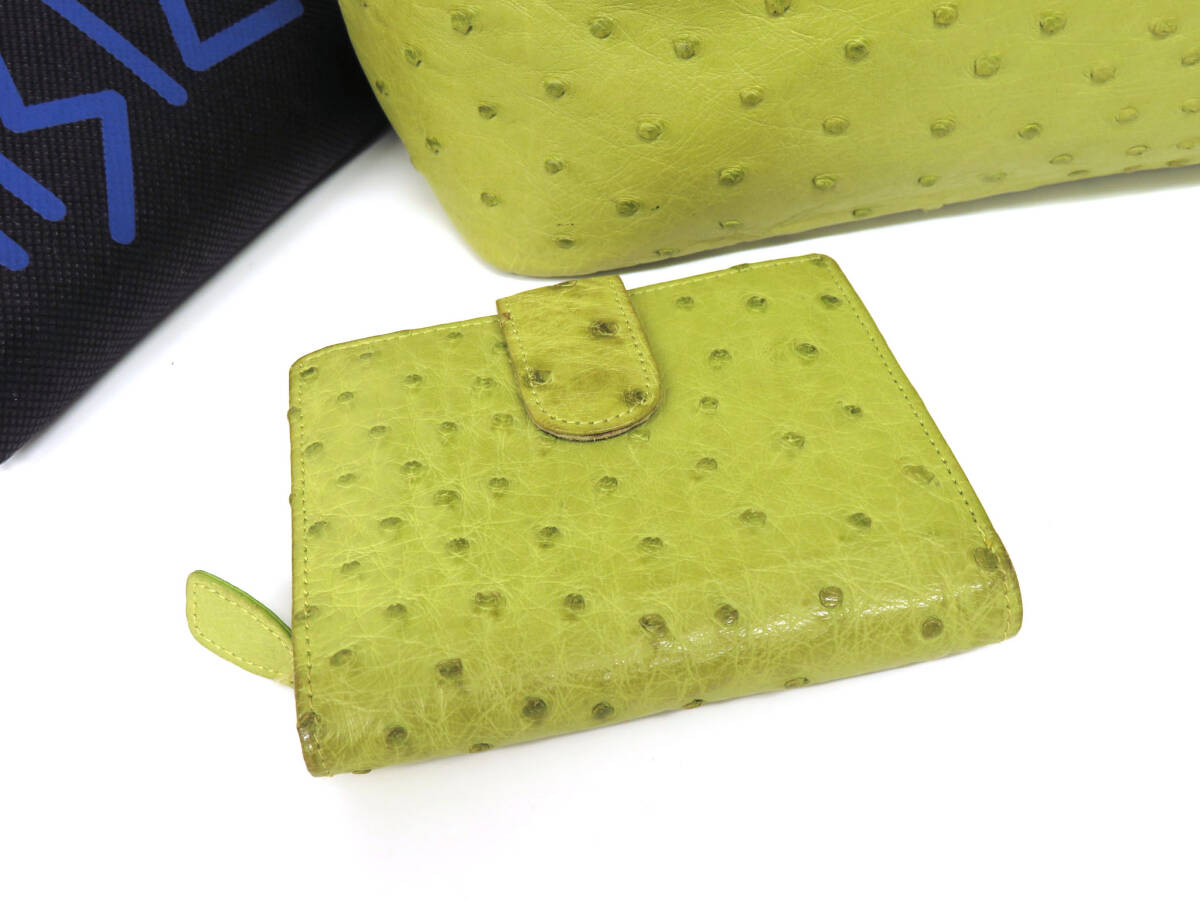 15310 美品 IBIZA イビザ 高級 オーストリッチ フルポイント レザー トートバッグ ハンドバッグ 鞄 薄緑 グリーン 日本製 保存袋 財布付き_画像3