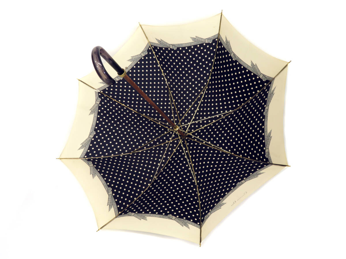 15785 美品 Christian Dior ディオール ロゴ 水玉 ドット 総柄 雨傘 長傘 アンブレラ 雨具 全長 91cm 黒×ベージュ イタリア製 レディース_画像4