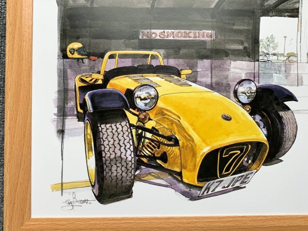 ■BOW。池田和弘『Caterham Super Seven JPE』B5サイズ 額入り 貴重イラスト 印刷物 ポスター風デザイン 額装品 アートフレーム 旧車_画像2