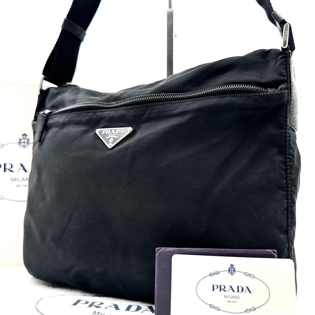 《ギャランティ付》A4可 PRADA 三角ロゴ レザー ナイロン ショルダーバッグ メッセンジャーバッグ ブラック 斜め掛け