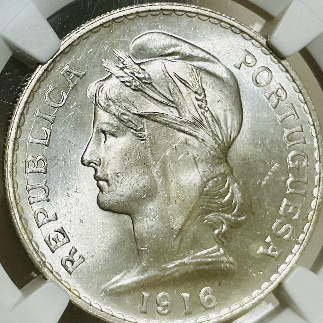 【レア 美品】1916 ポルトガル 50センターボ銀貨 NGC MS64 リバティヘッド 自由の女神 国章 portugal liberty head アンティークコインの画像1