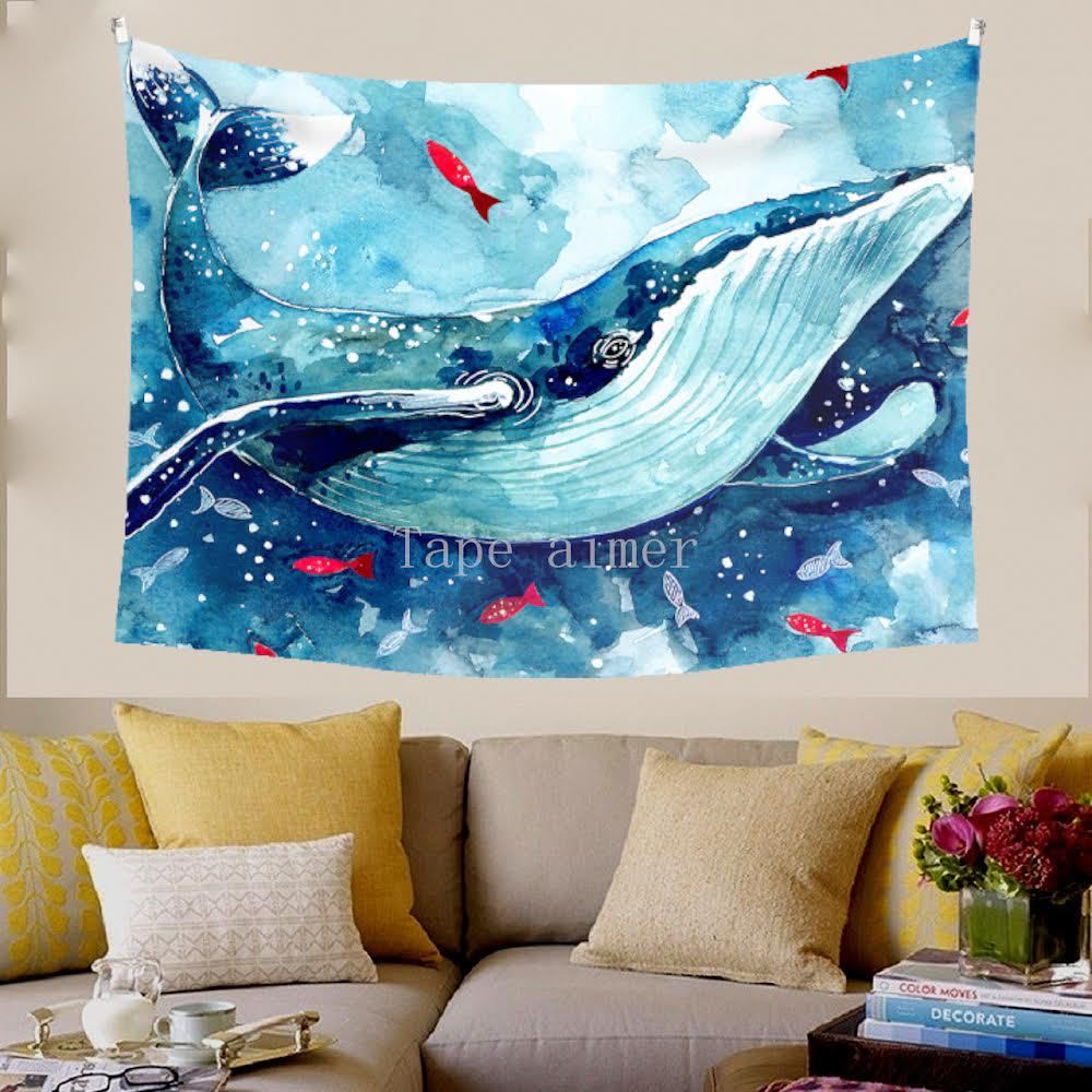 タペストリー クジラ 金具付 イラスト 魚 水彩画 水 模様替 壁掛け F58_画像2