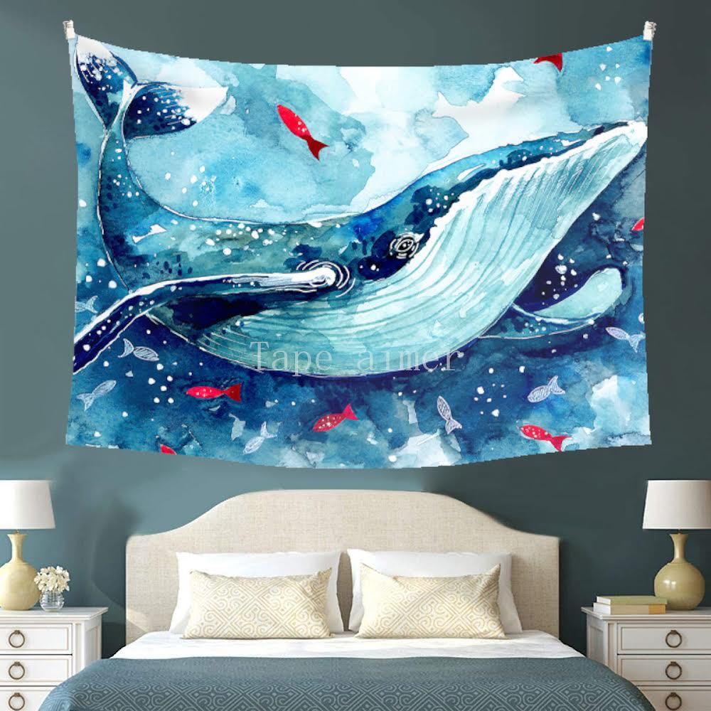 タペストリー クジラ 金具付 イラスト 魚 水彩画 水 模様替 壁掛け F58_画像1