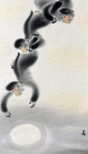 【真作】中山 甚「月が御猿」掛軸 絹本 鳥獣 日本画 日本美術 月が五猿 共箱 ｈ013125_画像6