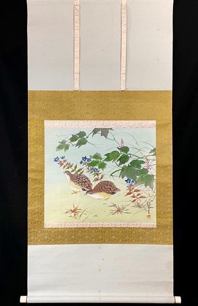【真作】掛軸 大矢黄鶴 花鳥図 日本美術院院友 逸品 P22 真作】石川緑雨「秋野双鶉」掛軸 絹本 花鳥図 鳥獣 日本画 日本