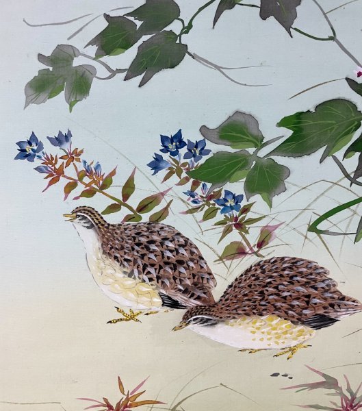 大ガラス絵 鸟絵 日本画 日本古美術 高 63cm 真作】石川緑雨「秋野双鶉」掛軸 絹本 花鳥図 鳥獣 日本画 日本