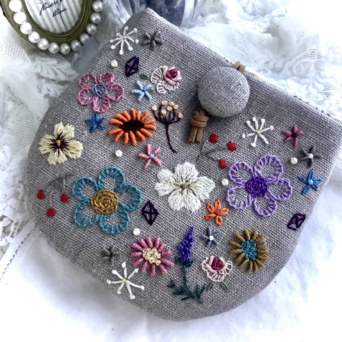 ◆はんど刺繍＊大きいくるみのケース(ポーチ)多種多様お花アレンジメント“リネン**handmade_画像7