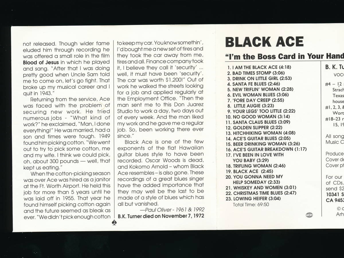 ☆BLACK ACE☆I AM THE BOSS CARD IN YOUR HAND☆1992年日本流通仕様☆P-VINE PCD-1013 (ARHOOLIE CD 374)☆_画像6