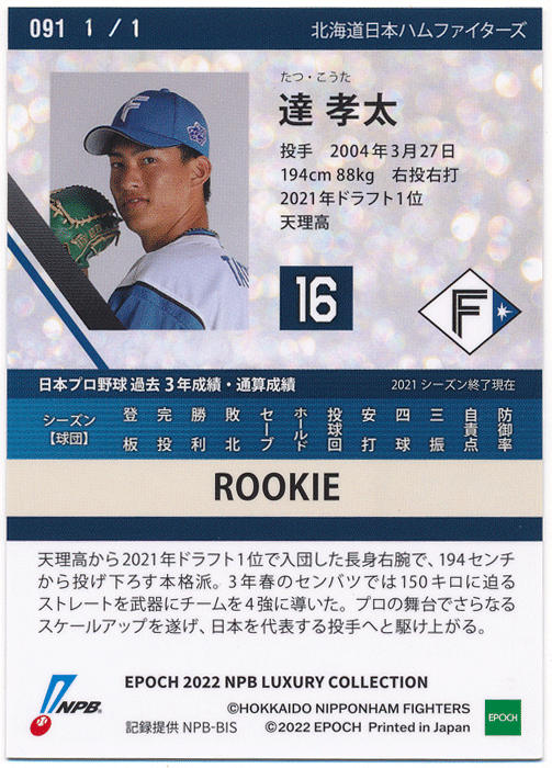 Epoch 2022 NPB Luxury Collection 達孝太 北海道日本ハムファイターズ ルーキー ブラックパラレルカード 世界1枚限定 1of1 1/1 RC Rookie_画像2