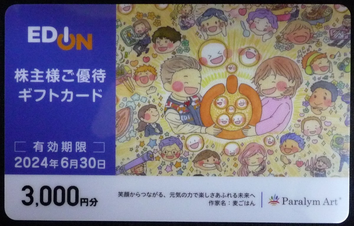 即日発送 在庫6000円分有☆エディオン株主優待ギフトカード3000円分 100満ボルト エイデン EDION 株主優待券 割引券 クーポン券 最新 即決_画像1