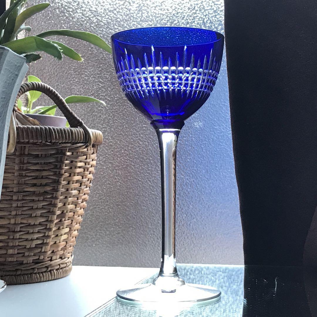 美しいオールドバカラBACCARAT青色被せナンシーNancyラインワイングラス★フランスアンティーク★クリスタルガラス_画像8