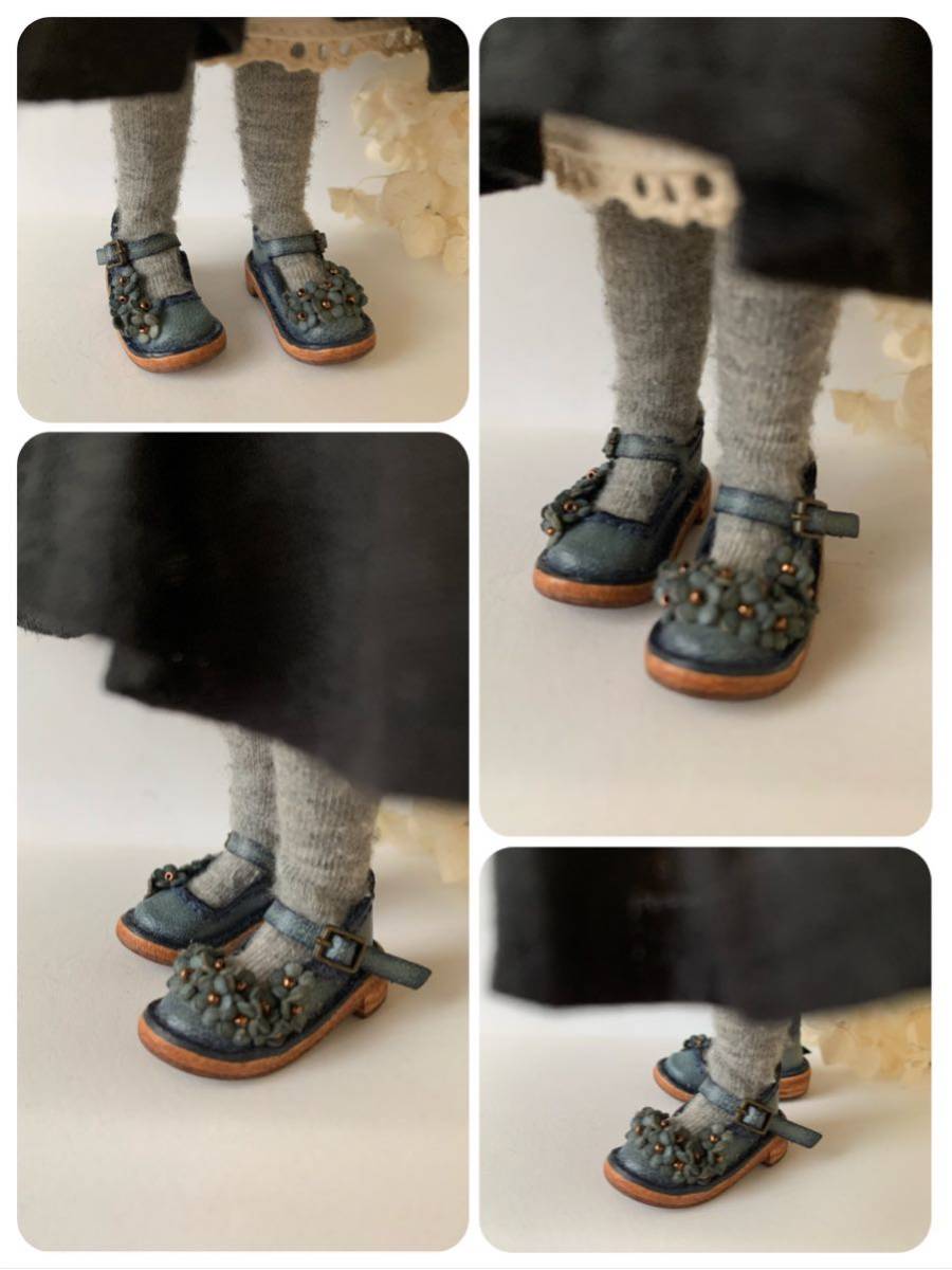 ＊Blythe outfit ネオブライス ピュアニーモS アンティークブルー お花付き ストラップシューズ 革 ドール ブーツ ミニチュア_画像4