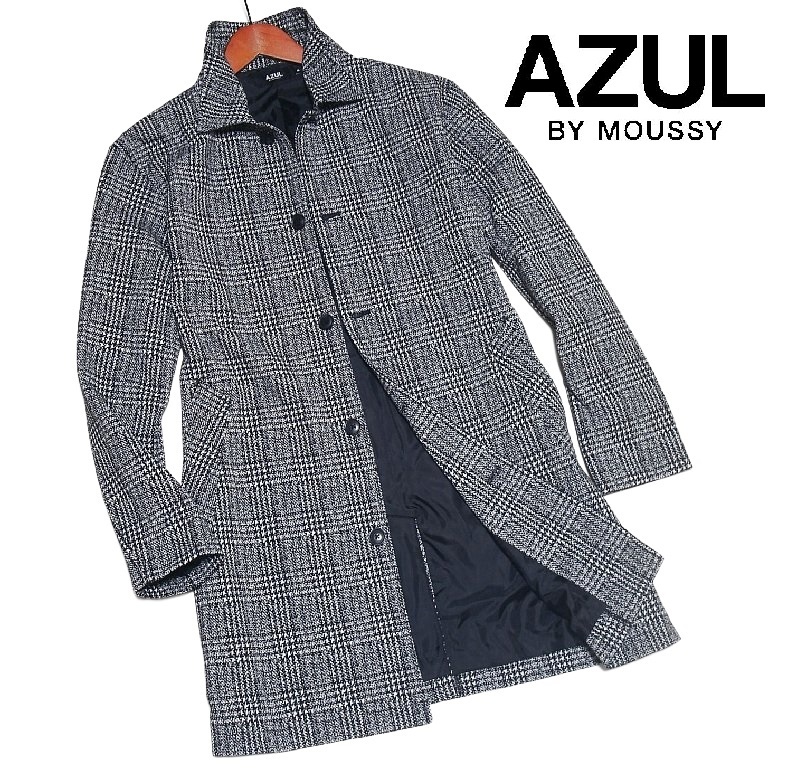 新品! アズールバイマウジー ニットジャガード ステンカラーコート ブラック (L) ☆ AZUL BY MOUSSY メンズ チェック ストレッチ 黒 灰 ★_画像1