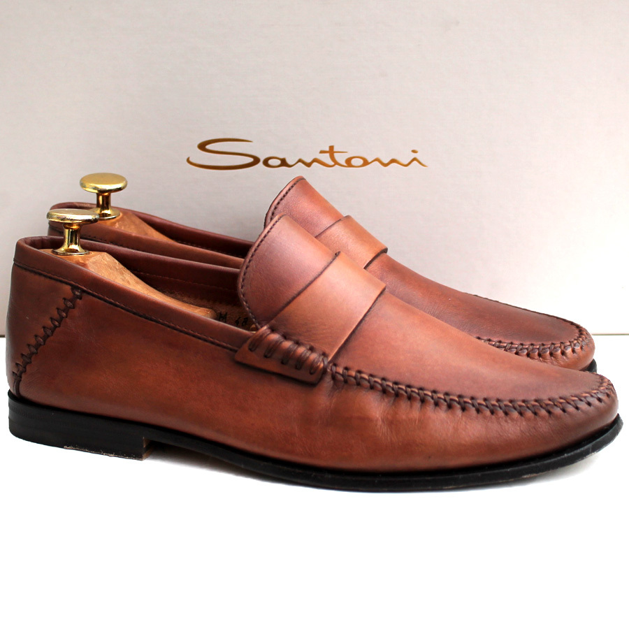  box * storage sack attaching *Santoni sun to-ni* Loafer 5=24 leather slip-on shoes Italy made men's Brown gc i-643