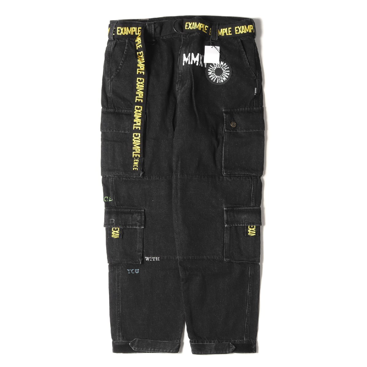 新品 EXAMPLE エグザンプル パンツ サイズ:XL 22SS ベルト付き テーパード デニム カーゴパンツ DENIM CARGO PANTS ブラック 黒 ボトムス