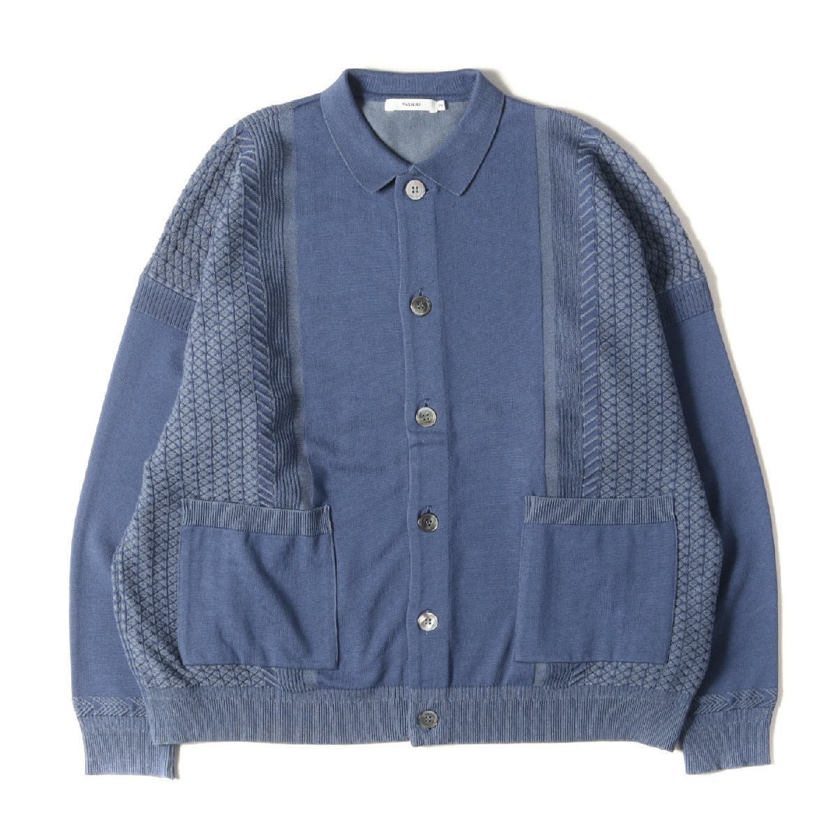 YASHIKI ヤシキ 23SS プレーティング編み 襟付き コットン ニット カーディガン Hanaakari Collar Cardigan スモーキーブルー 2 日本製