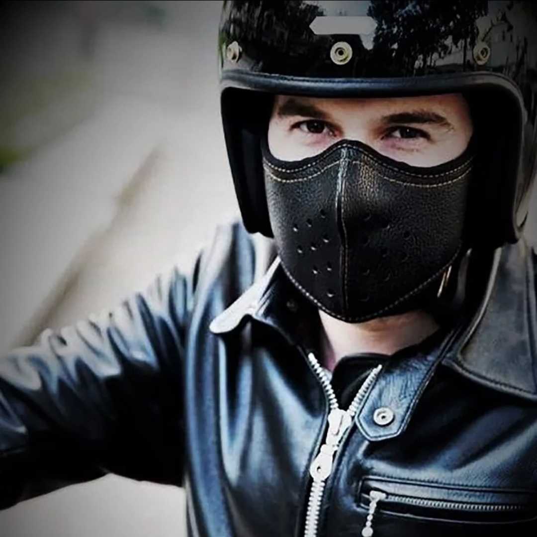 ブラック バイカー レザー アメリカン フェイスガード 防寒 ツーリング バイク インナーマスク 合成皮革の画像1