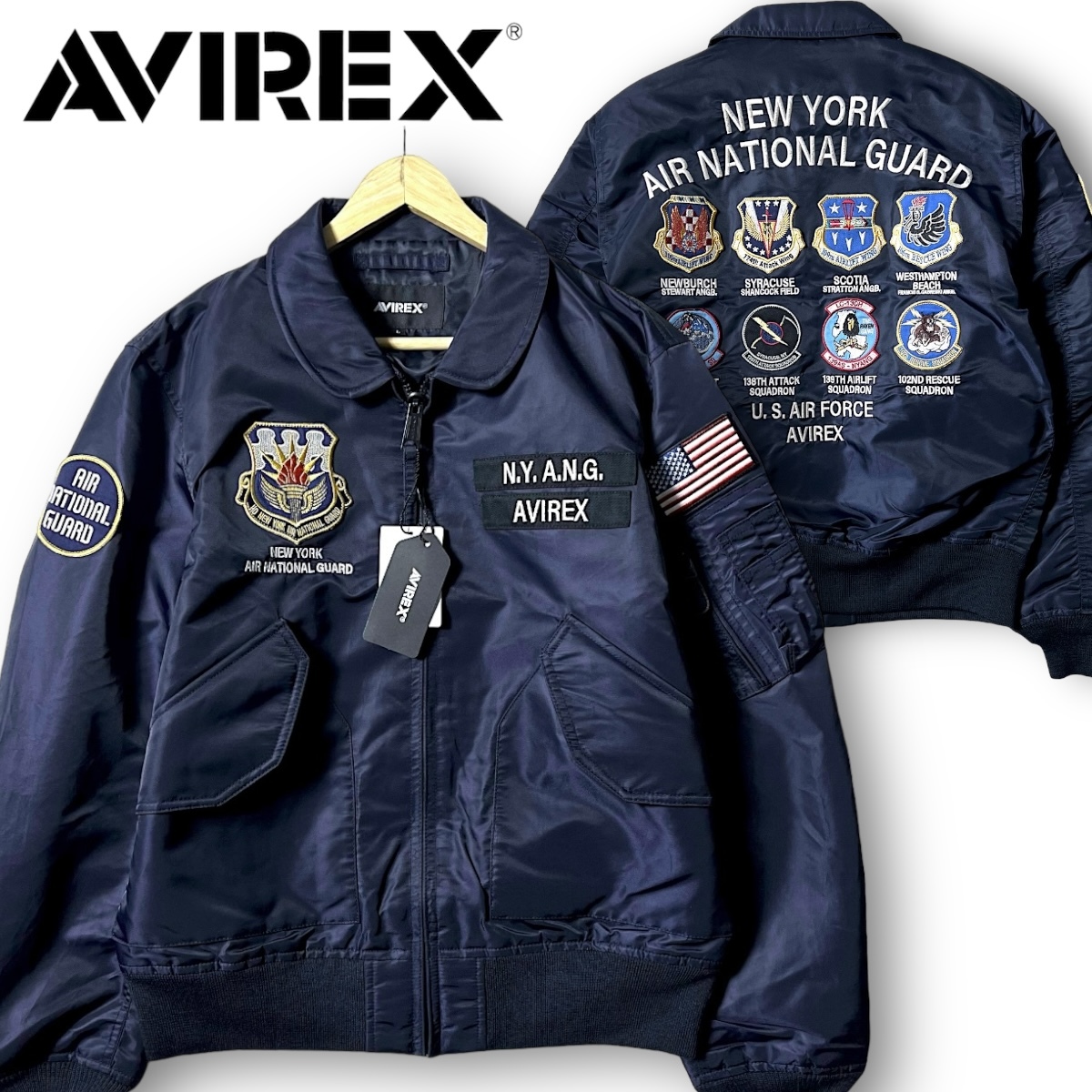 新品 AVIREX アヴィレックス 定価3.3万 ヘビーナイロン 空軍州兵ワッペン フライトジャケット ブルゾン 3252061 XL ミリタリー 軍物◆B2985