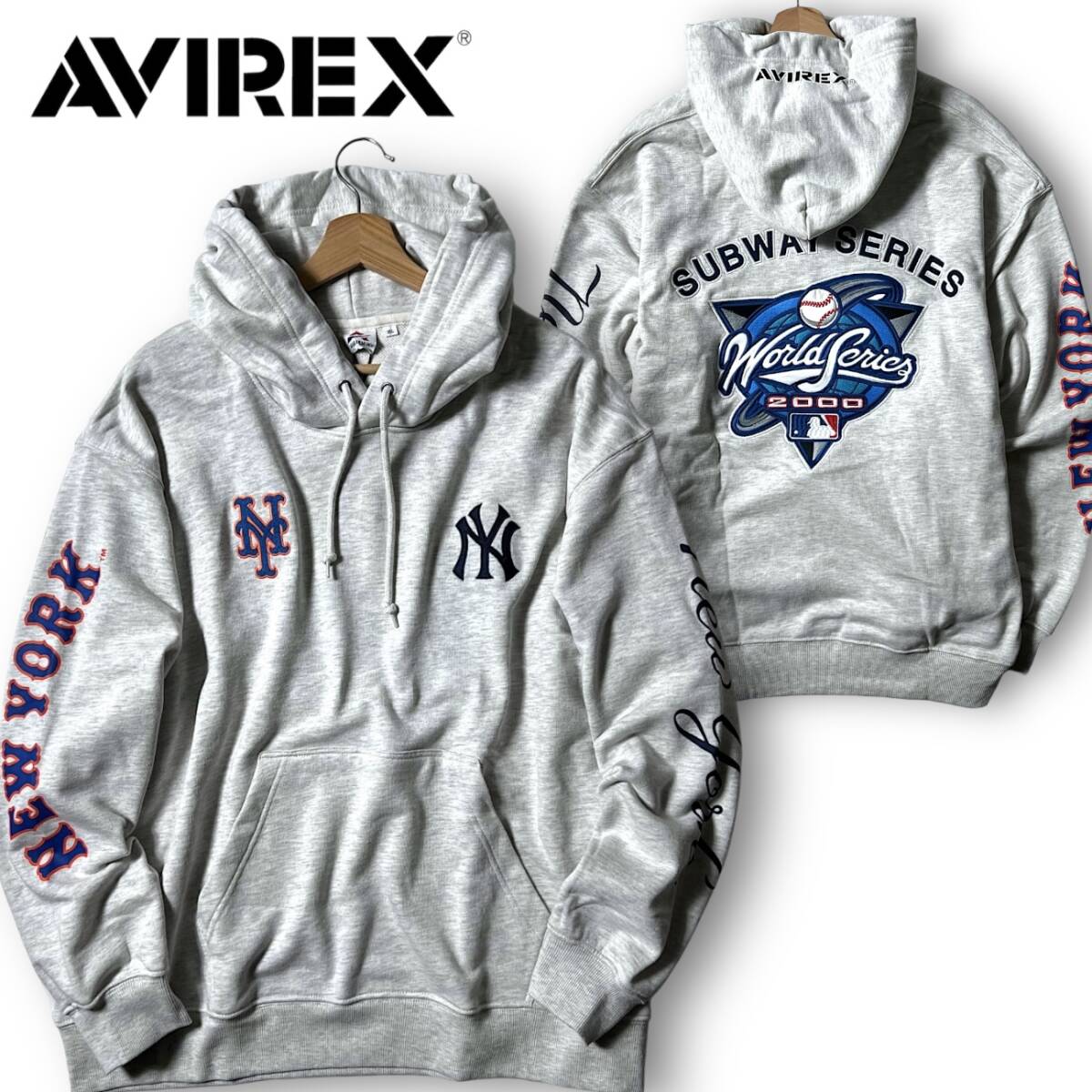 新品 AVIREX × MLB アヴィレックス 定価1.5万 刺繍×ワッペン スウェット パーカー プルオーバー 3231011 XL ヤンキース×メッツ ◆B3039_画像1