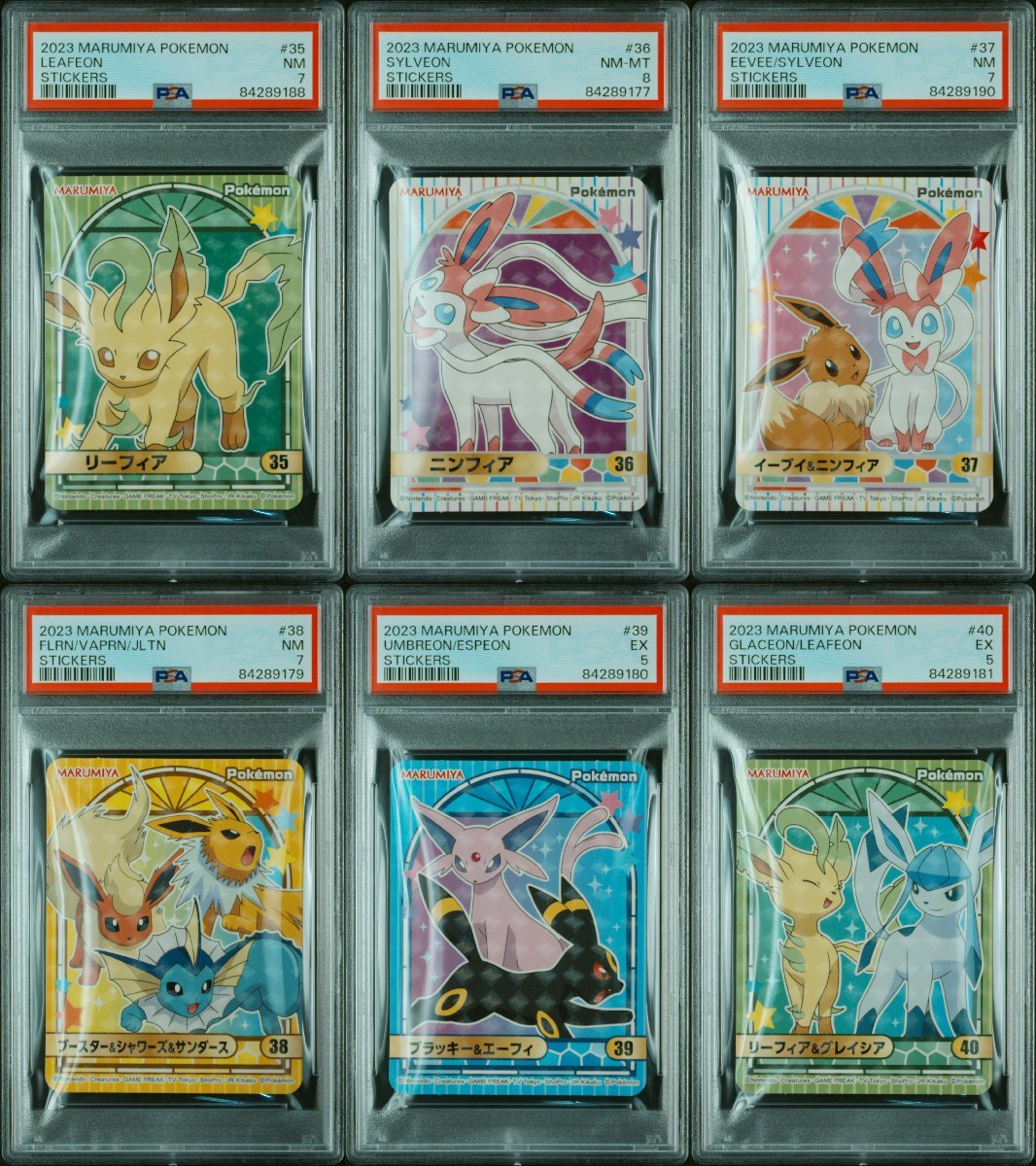 6枚セット PSA5/7/8 ブイズ マルミヤ イーブイ ブラッキー エーフィ #35-40 EEVEE EVOLUTIONS STICKERS 2023 MARUMIYA POKEMON JAPANESE_画像1