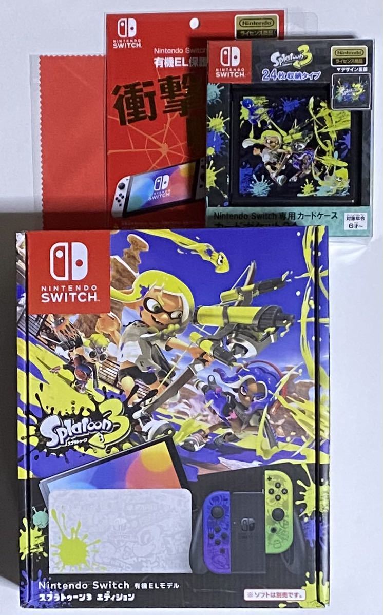 Nintendo Switch 有機ELモデル スプラトゥーン3 エディション　購入店印無　おまけ付　カードポケット、フィルム、クロス付　新品未使用品_画像1