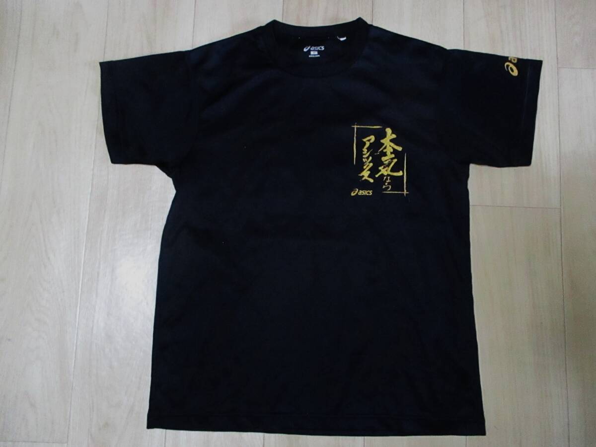 アシックス・ドライ半袖Tシャツ・黒×ゴールド色・サイズM_画像2
