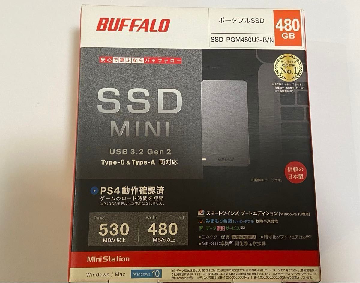 BUFFALO USB3.2Gen2 ポータブルSSD 480GB SSD-PGM480U3-B/N 外付けSSD