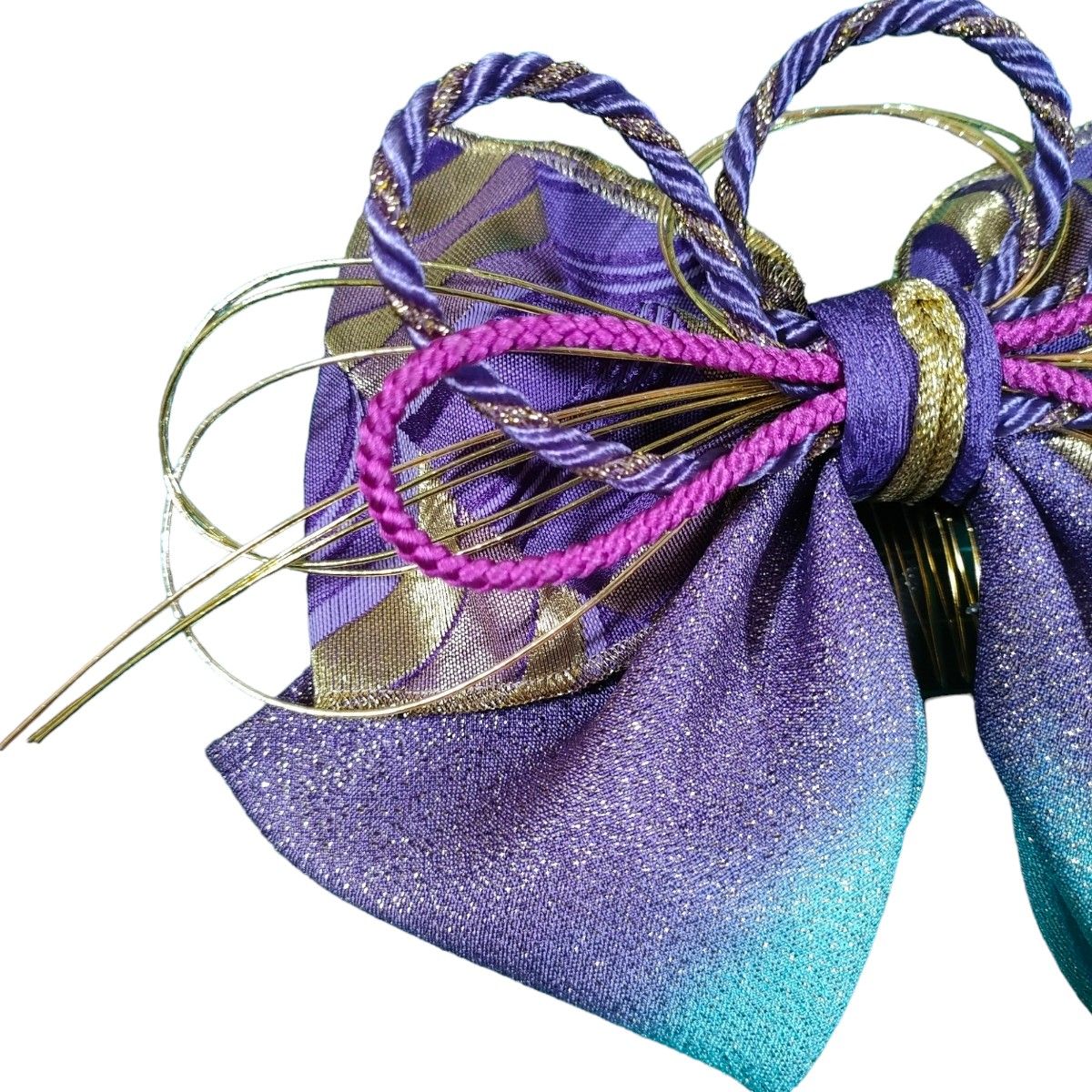 髪飾りコーム和風ヘアアクセサリー水引組紐紫水色金グラデーションラメ振袖袴着物和装