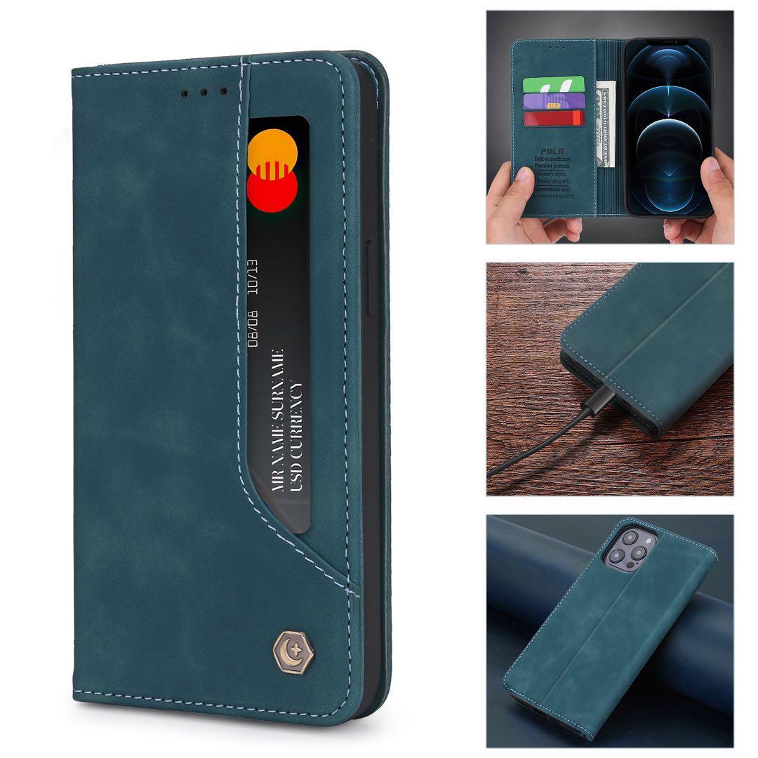手帳型ケース iPhone13Miniケース　緑色　PUレザー アイホン13ミニカバー　カード収納 タンド機能 薄型 軽量 シンプル ビジネス 上質