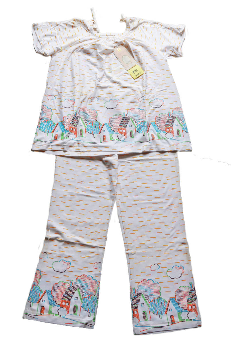 874　昭和レトロ　レディース　パジャマ　Sサイズ　フレンチ袖＆パンツ　綿　新古品　未使用　わけあり　長期保管品　_画像1