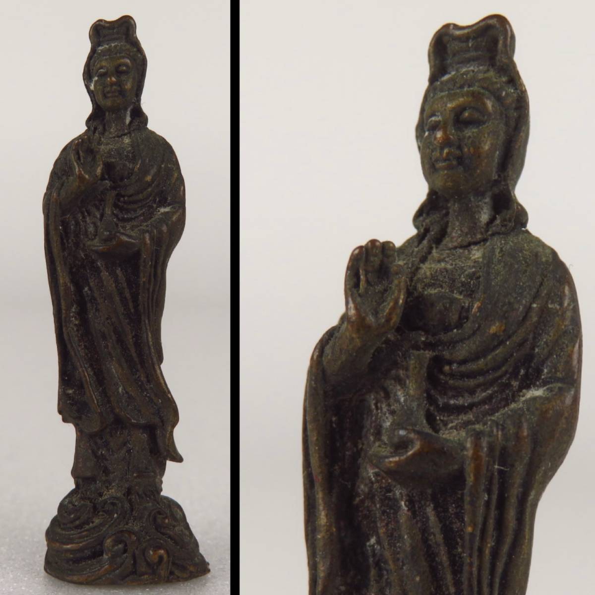 【SAKURAYA】高さ4cmの細密彫刻 仏教美術【時代物 古銅製 古い観音菩薩立像 置物】仏像 佛像 寺院 仏閣 骨董品 古美術品 豆仏 懐中仏_画像1