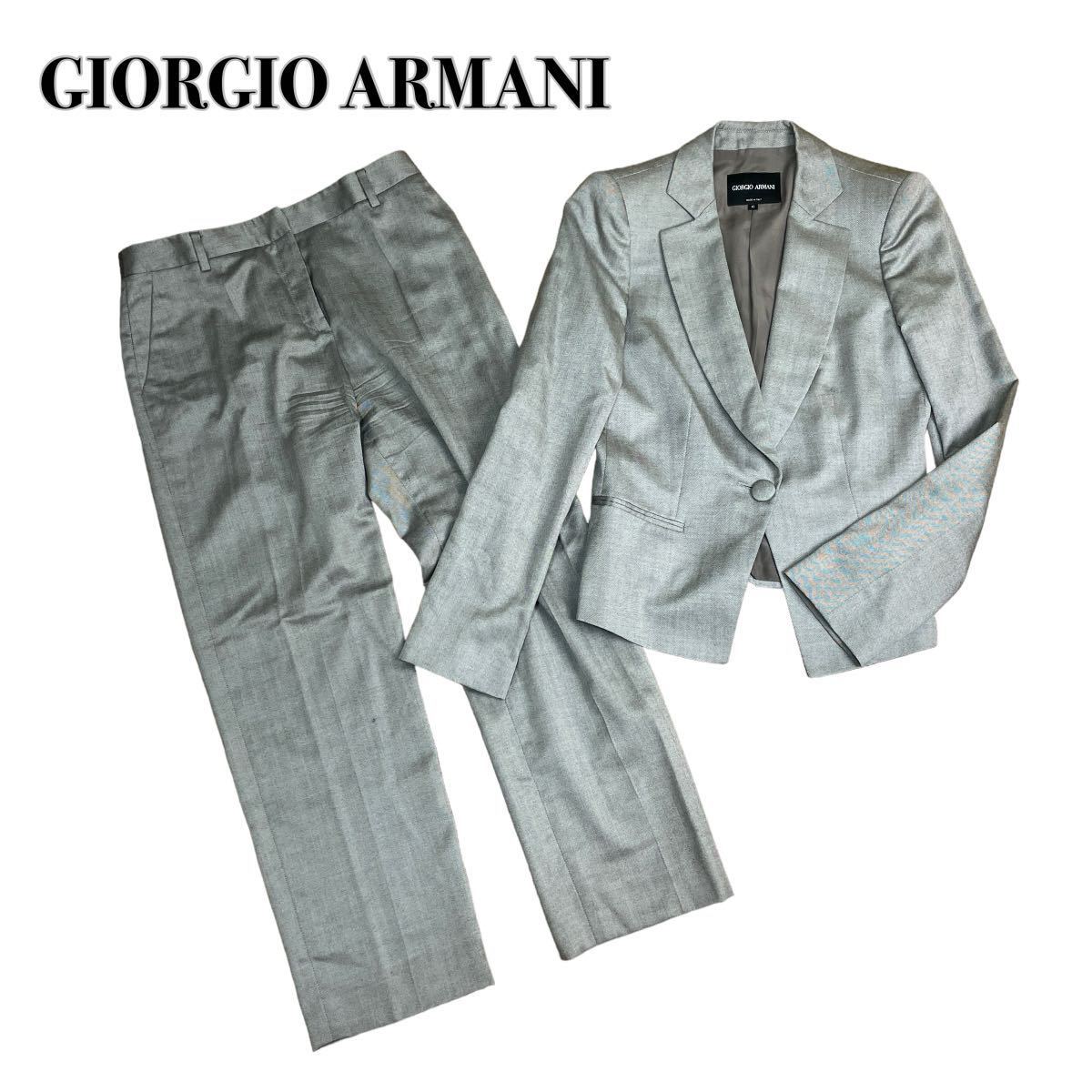 GIORGIO ARMANI ジョルジオアルマーニ セットアップ パンツスーツ 光沢シルバー カシミヤシルク 42 XL 大きいサイズ_画像1