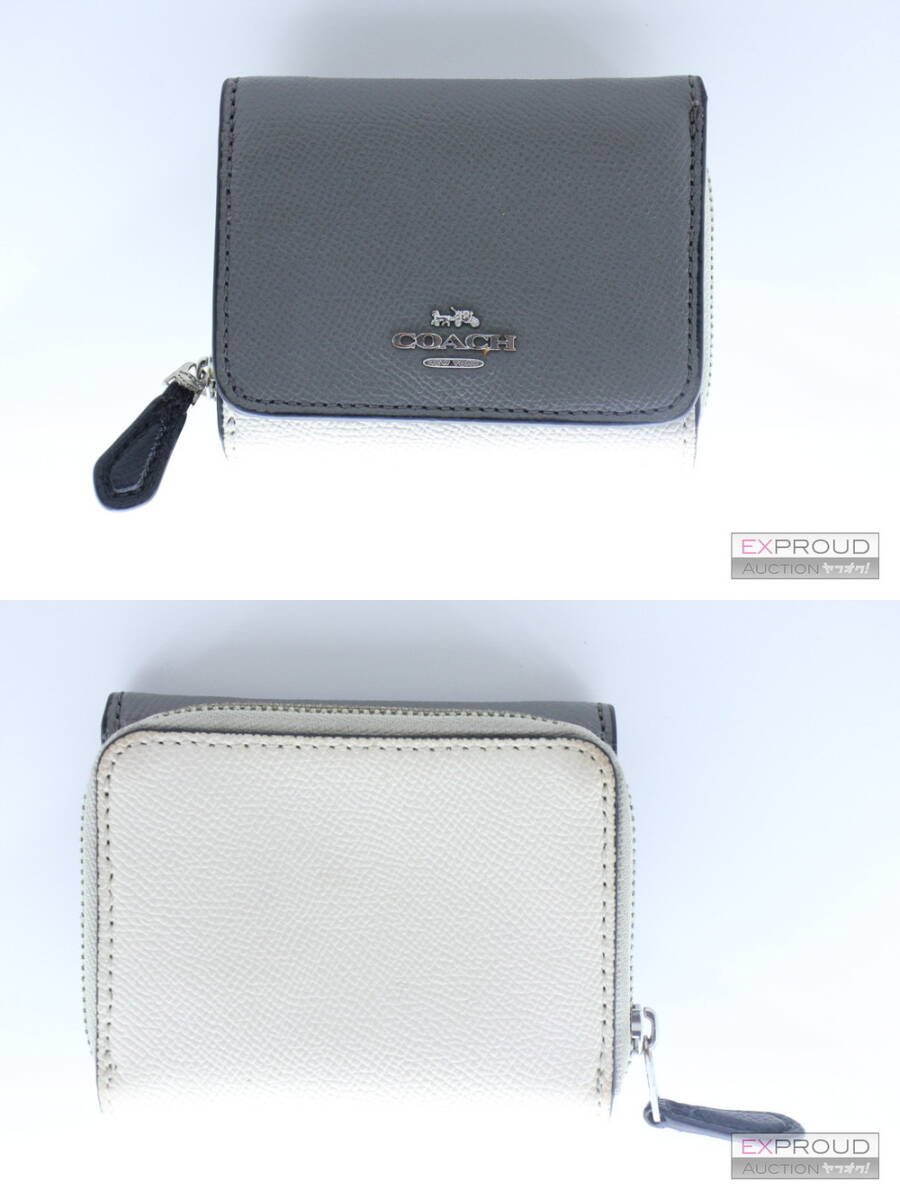 良品★Q21 COACH コーチ 財布 レディース 三つ折り財布 グレー×ホワイト 小銭入れあり 約10×8×3cm ラウンドファスナー 正規品_画像2