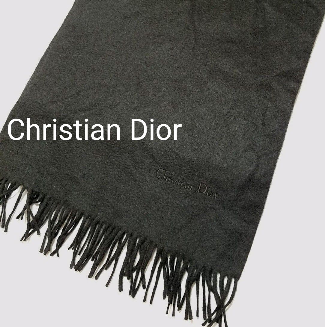 美品 Christian Dior クリスチャンディオール  ロゴ入り フリンジ マフラー ストール ウール 鐘紡