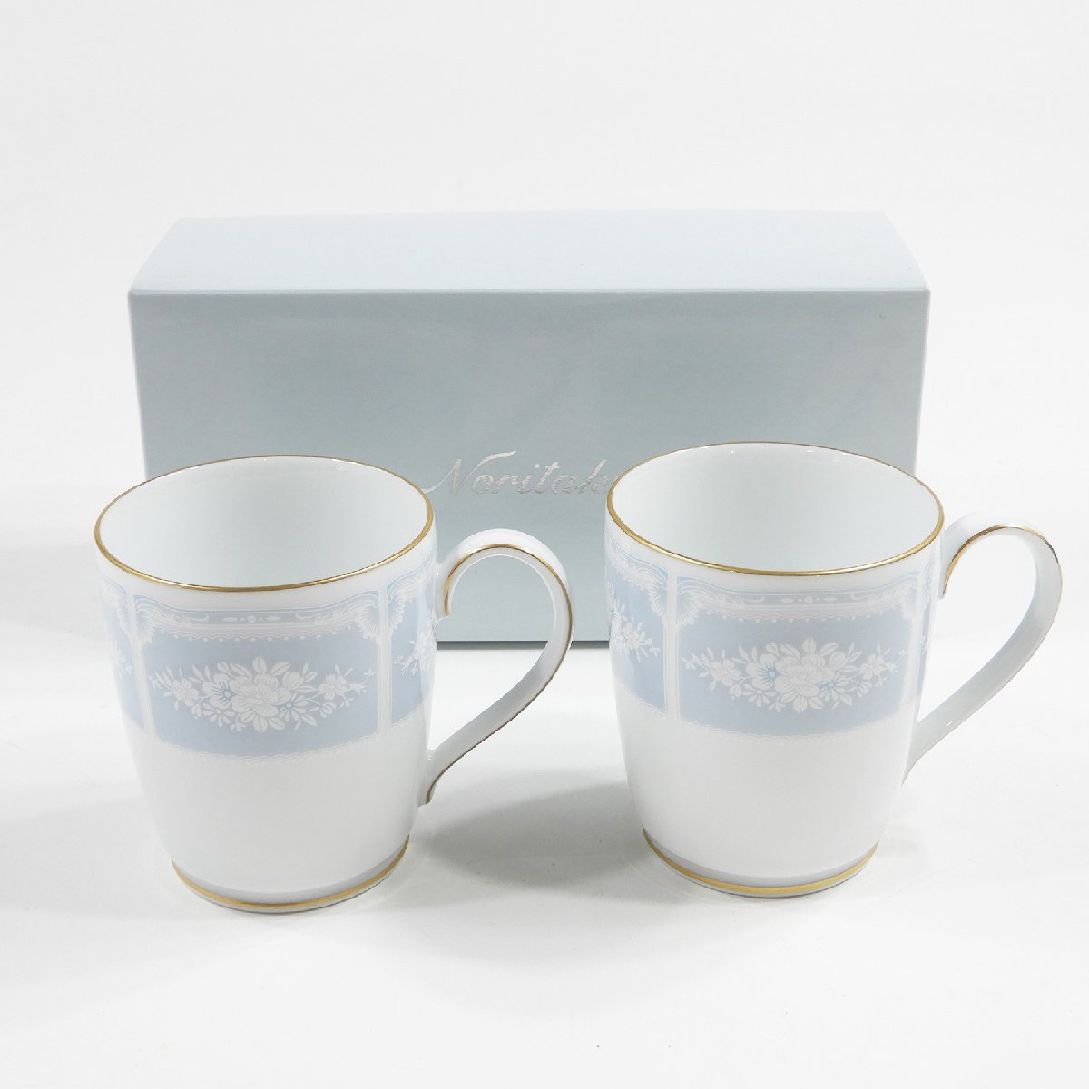 未使用 Noritake ノリタケ レースウッドゴールド マグカップペア ブルー #16941 コップ カップ_画像1