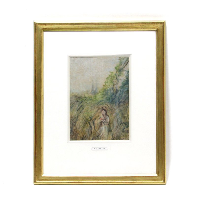 【GINZA絵画館】ピエール・ラプラード　パステル画サムホール・人物のいる風景・２０世紀フランスの画家・東京美術学校旧蔵・１点もの　Z19_画像2