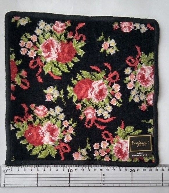 日本製シェニール織アーンジョーのハンカチーフ 薔薇 リボン 黒