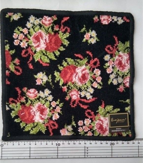 日本製シェニール織アーンジョーのハンカチーフ 薔薇 リボン 黒