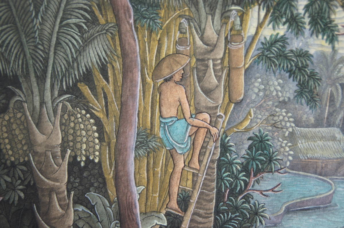 バリ絵画 I WAYAN SUNARTA【UBUD-BALI.89】ウブド バリアート 肉筆 細密画 額装 リゾート バリ島 南国 インテリア 自然 民族 農村 細密絵画_画像6