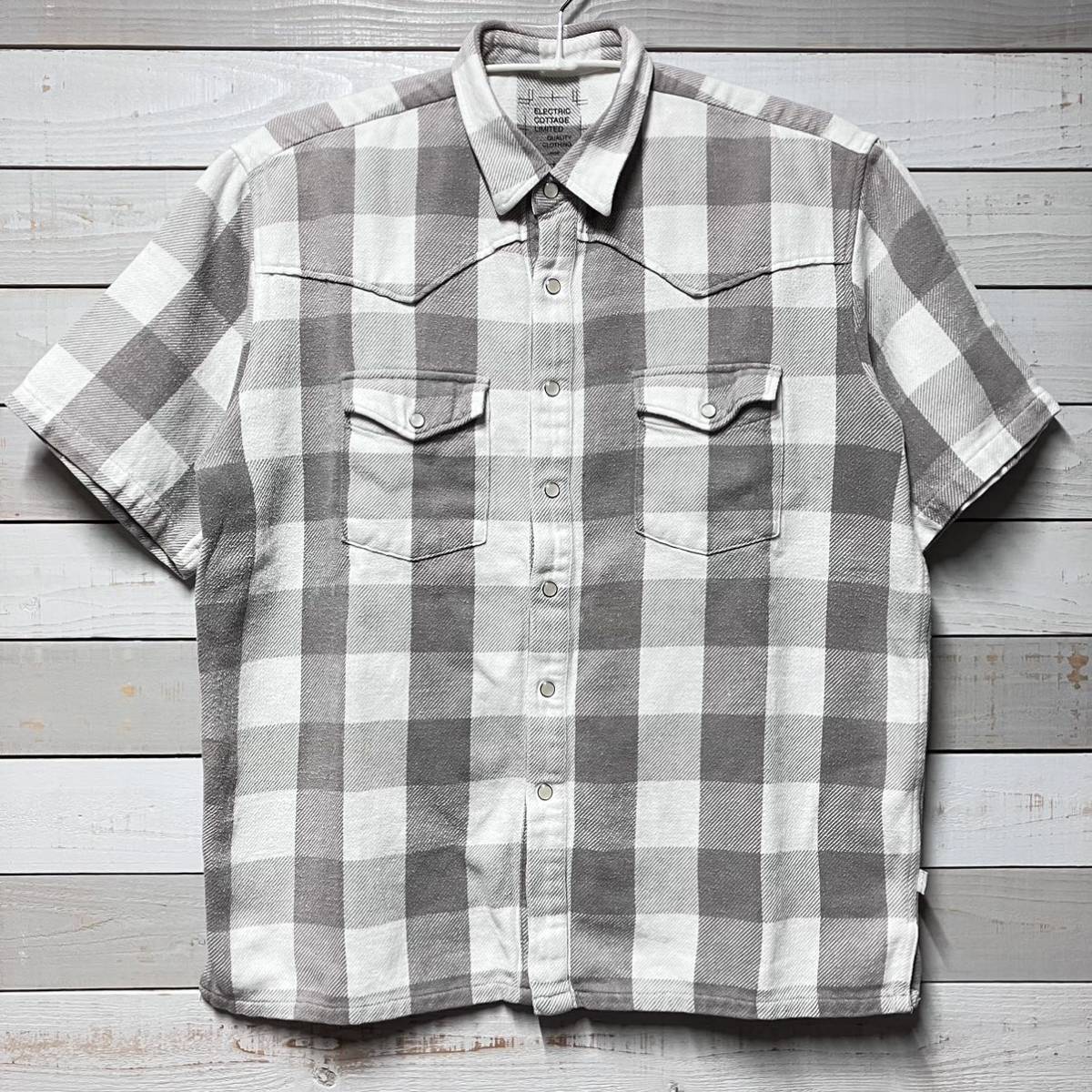 Sz L ELECTRIC COTTAGE BLOCK CHECK SHIRT GREY WHITE EC FRAGMENT GOODENOUGH エレクトリックコテージ ブロックチェック 半袖 ネルシャツ_画像1