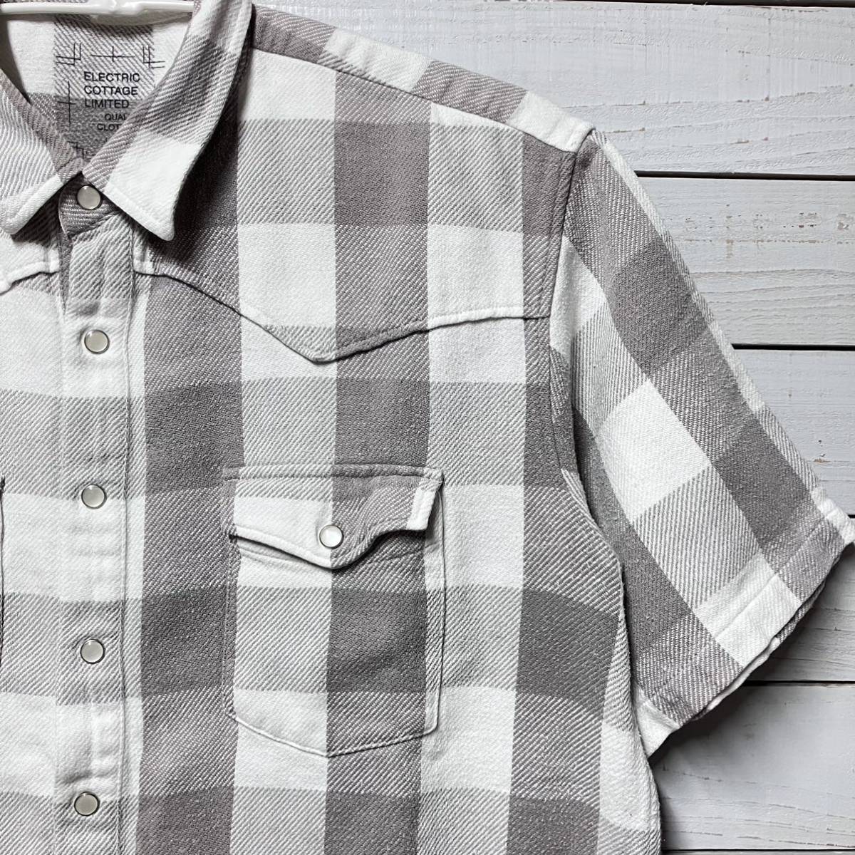 Sz L ELECTRIC COTTAGE BLOCK CHECK SHIRT GREY WHITE EC FRAGMENT GOODENOUGH エレクトリックコテージ ブロックチェック 半袖 ネルシャツ_画像3