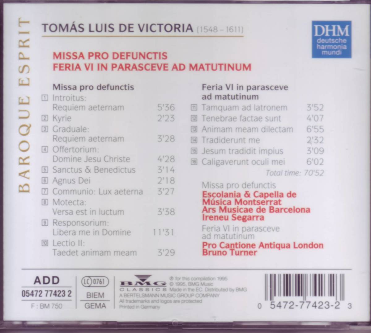 ●[DHM廃盤]ビクトリア:レクイエム/Escolania & Capella De Musica Monserrat, Pro Cantione Antiqua_画像2